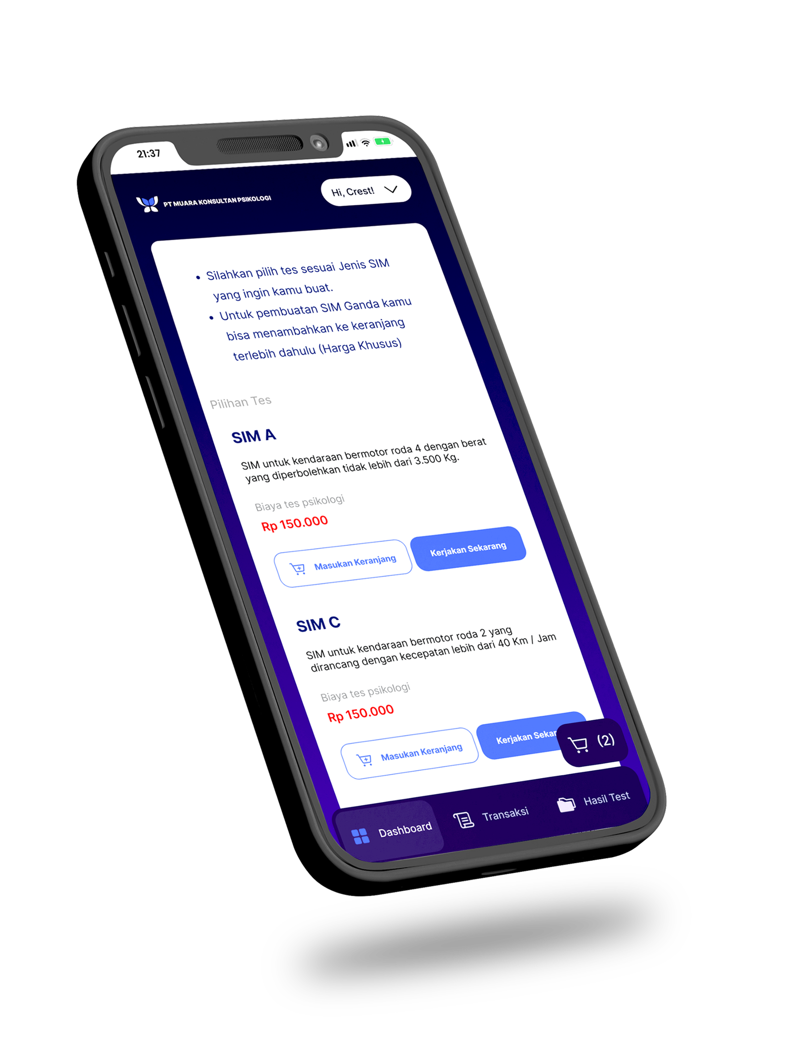 Phone showing test interface